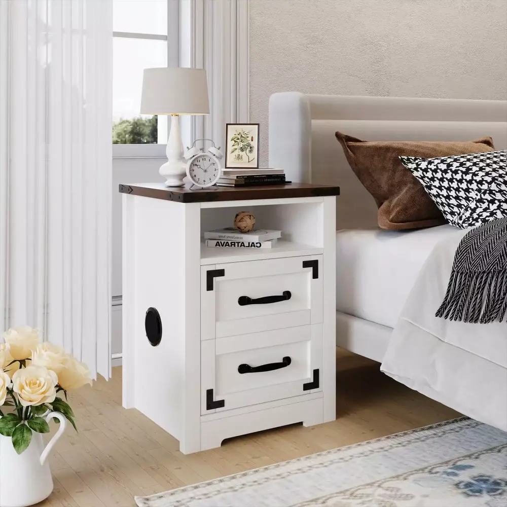 Buenhomino White LED Nightstand with Wireless Charging Built-in Speaker and USB Type C Port Smart Bedside Table