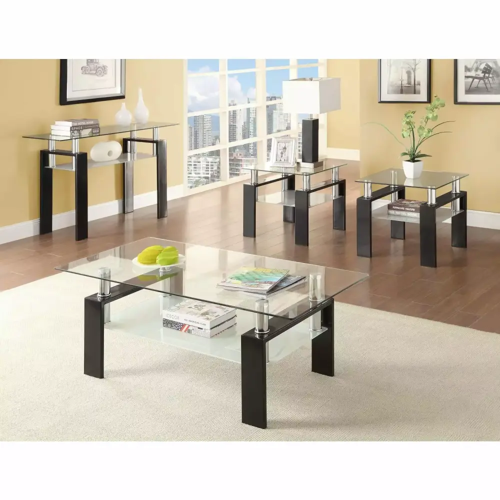 Dyer Tempered Glass Sofa Table with Shelf in Black - Sleek Modern Console Table