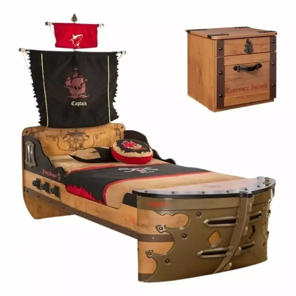 Home Square Pirate Ship Twin Bed and Nightstand Set in Dark Brown