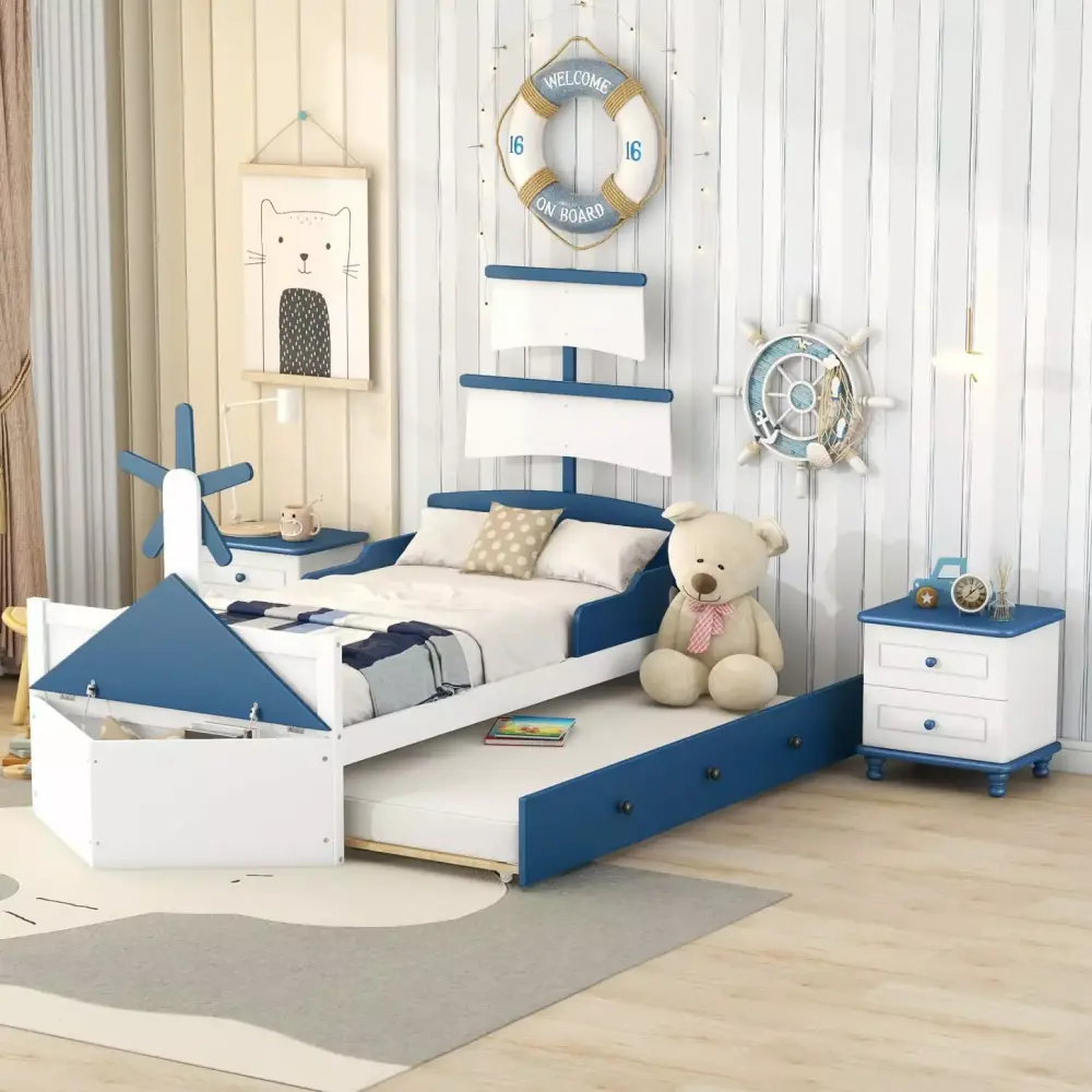 3-Piece Twin Size Boat-Shaped Platform Bed with Trundle and Nightstands in White and Blue