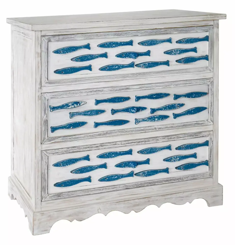 Swimming Upstream Antique White 3 Drawer Blue Fish Chest for Coastal Decor