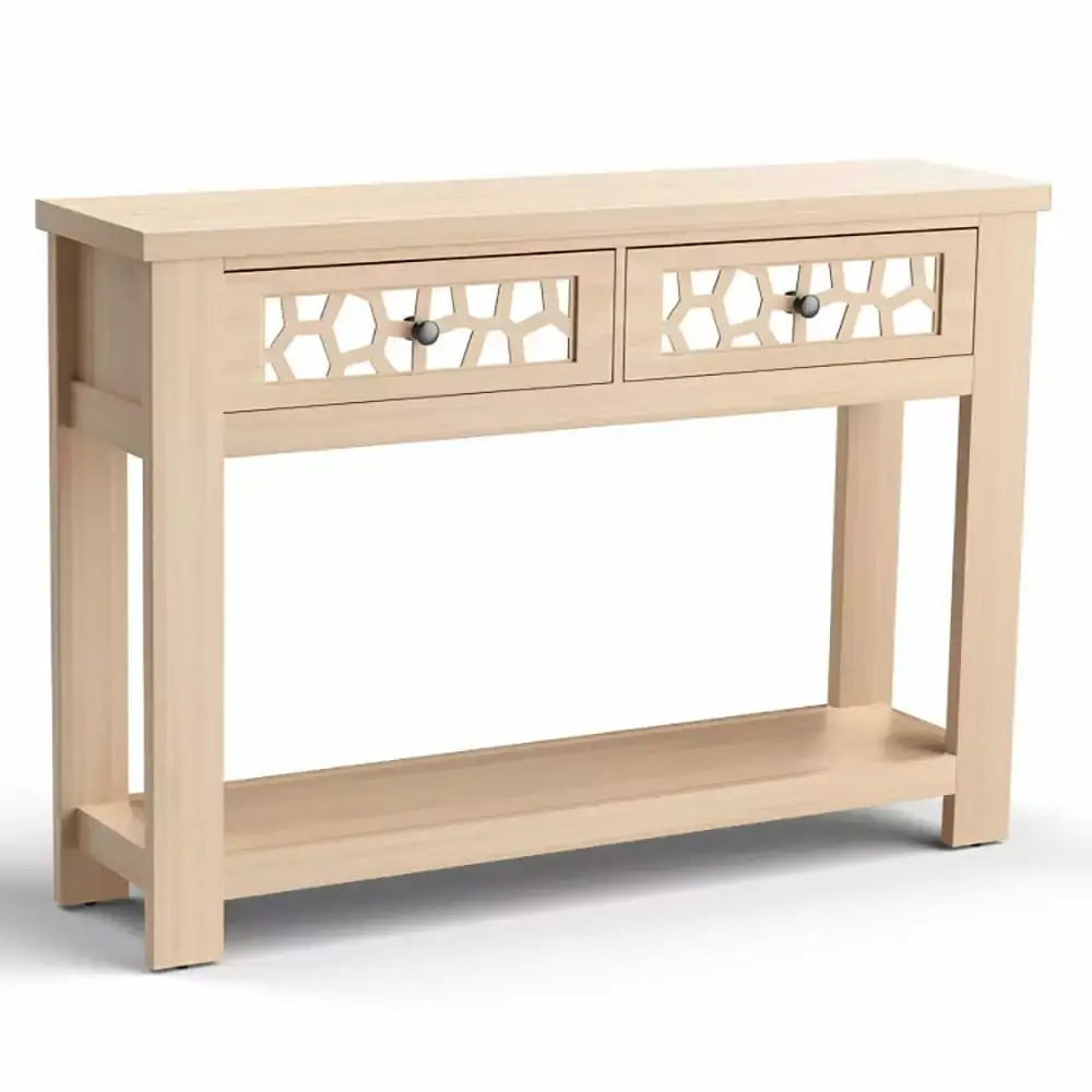 Resenkos 2-Tier Console Table with Drawers and Open Storage Shelf in Natural Finish