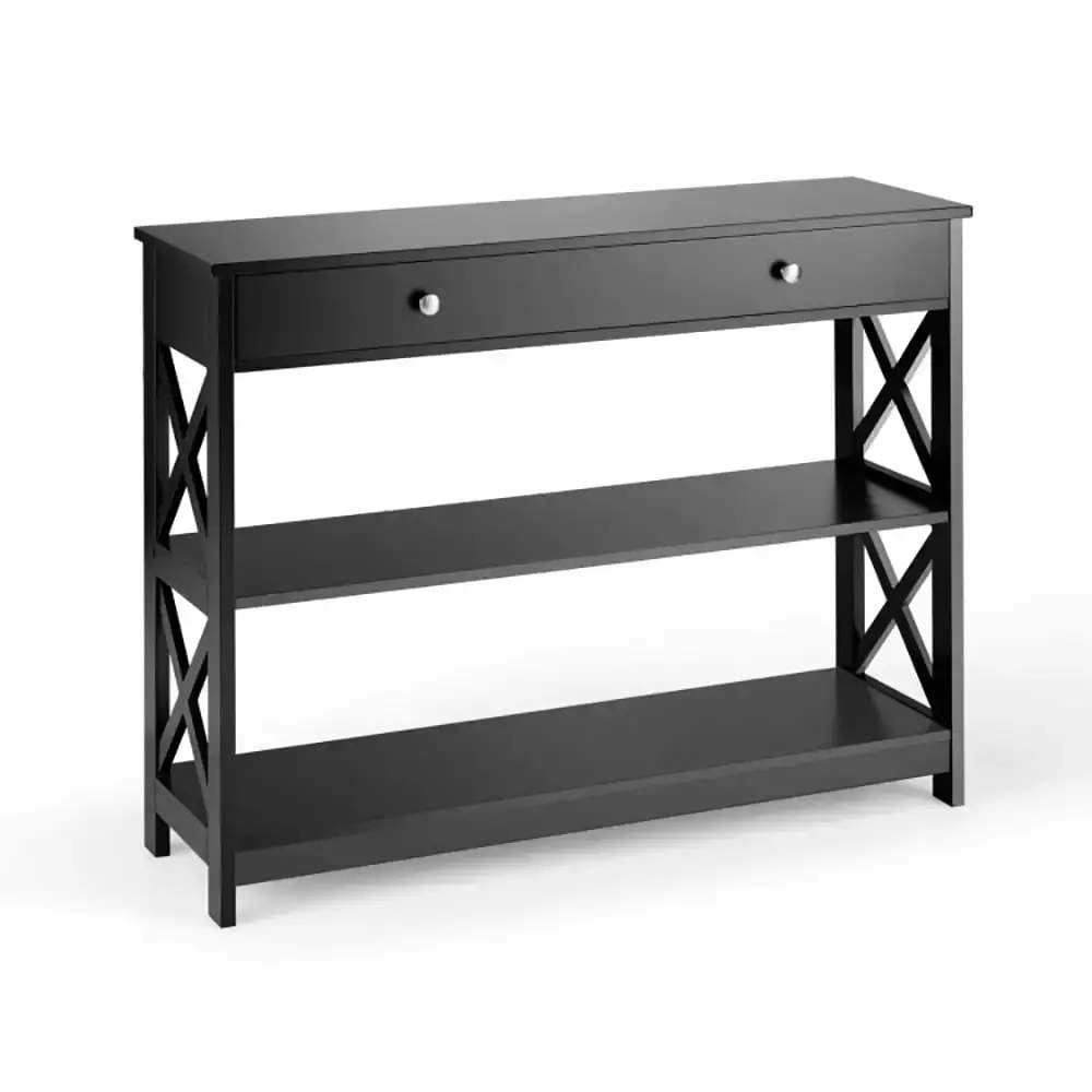Yardi Yard 3-Tier Black Console Table with Drawer and Storage Shelves for Hallway