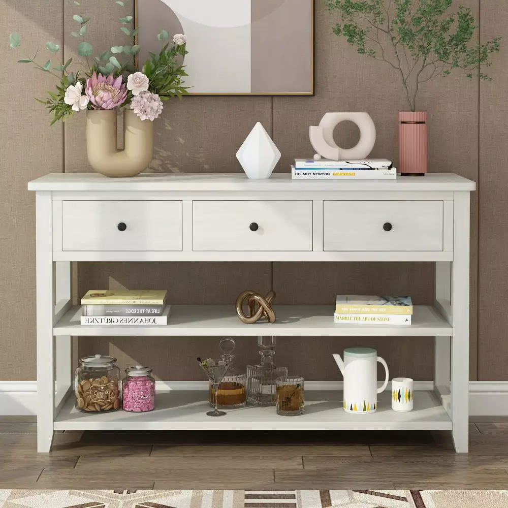 SalonMore Country Console Table 3 Tier Entryway Table with Shelves White Finish