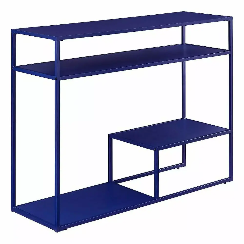 42 Inch Metal and Wood Console Table with Tiered Shelves in Blue for Living Room