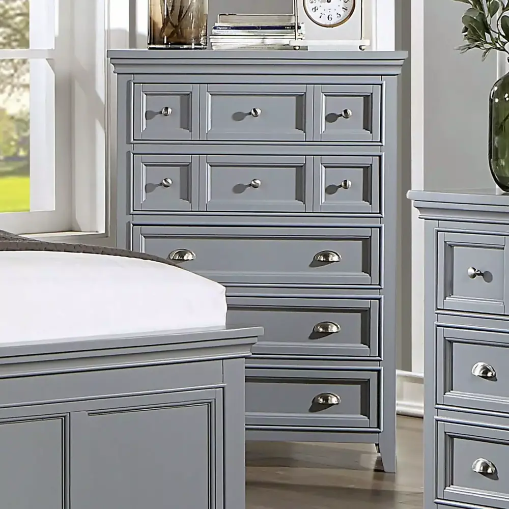 Timeless Bedroom Design Gray Color Twin Size Bed 6pc Set Dresser Mirror 2x Nightstands Chest Solid wood Storage Rails