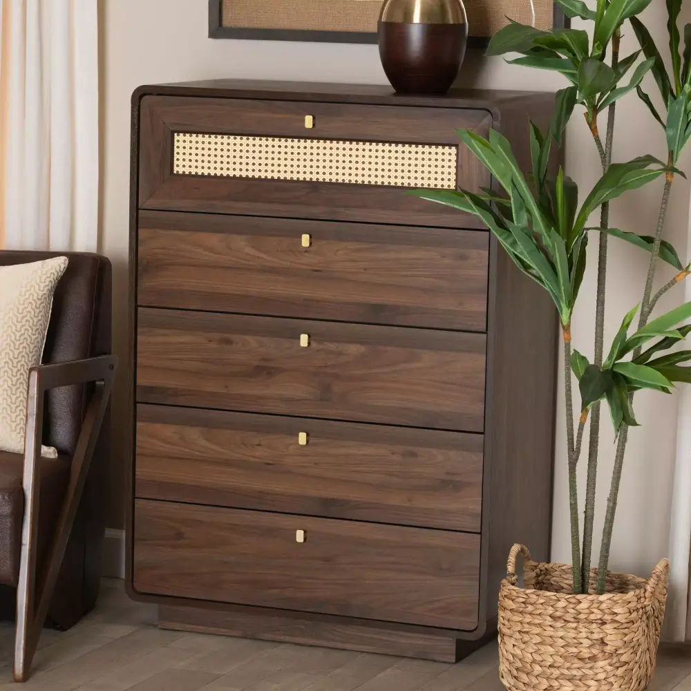 Baxton Studio Jenibelle Timeless Chest 5 Drawer Walnut Brown Dresser for Bedroom