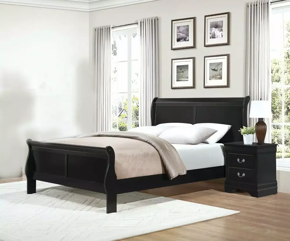 Traditional Black Finish 3pc Bedroom Set Twin Bed and Nightstands Louis Phillipe Style