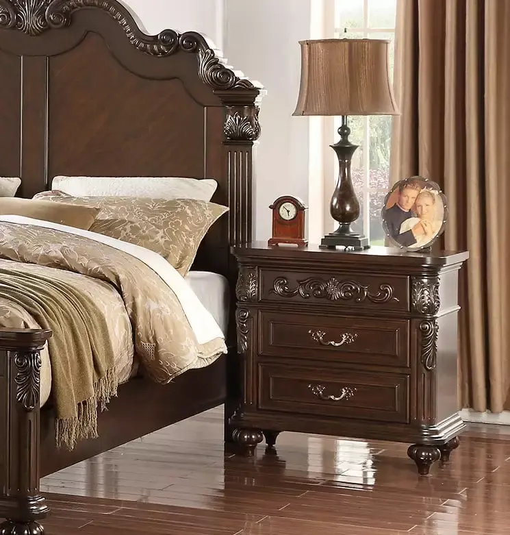 Bedroom Furniture Traditional Formal Queen Size Bed Dresser Mirror Nightstand 4pcs Set Dark Brown