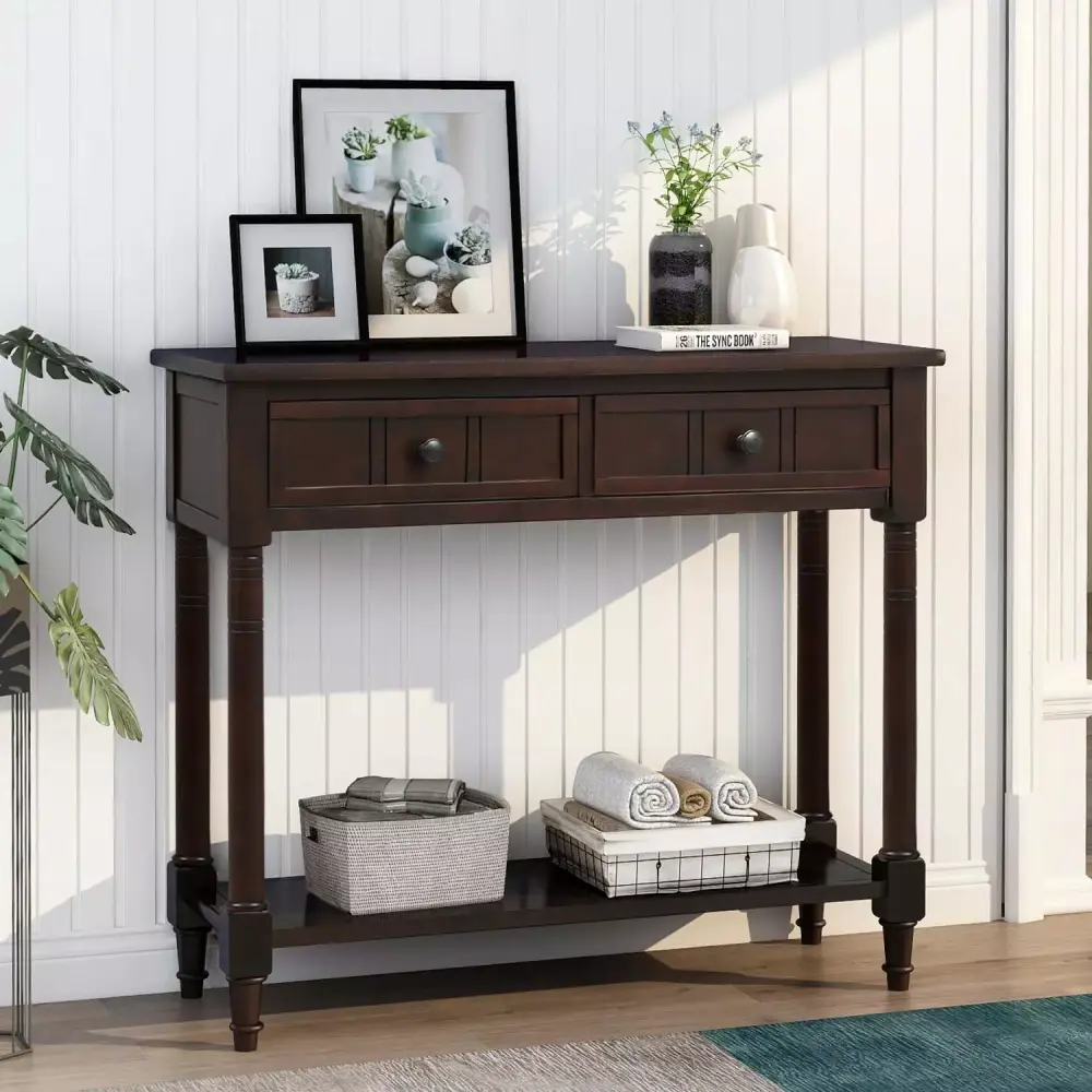 Console Table Traditional Design With Two Drawers And Bottom Shelf Espresso