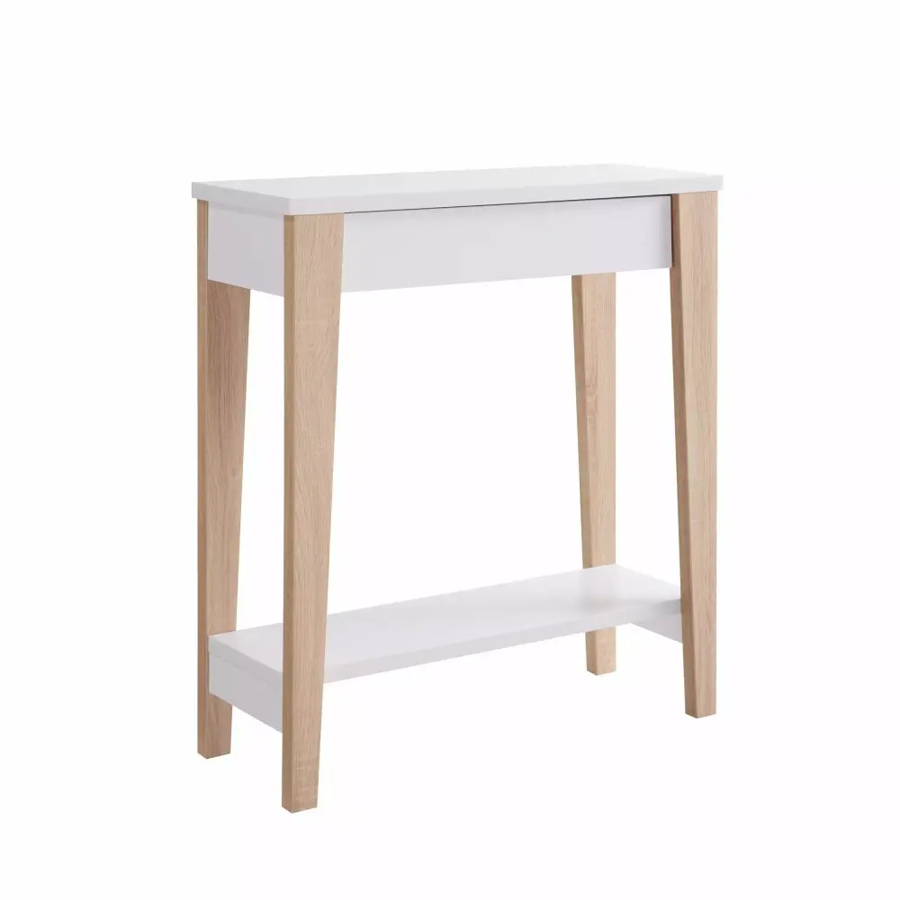 34 Inch Console Table with Drawer and Shelf Tapered Legs in White or Brown for Entryway