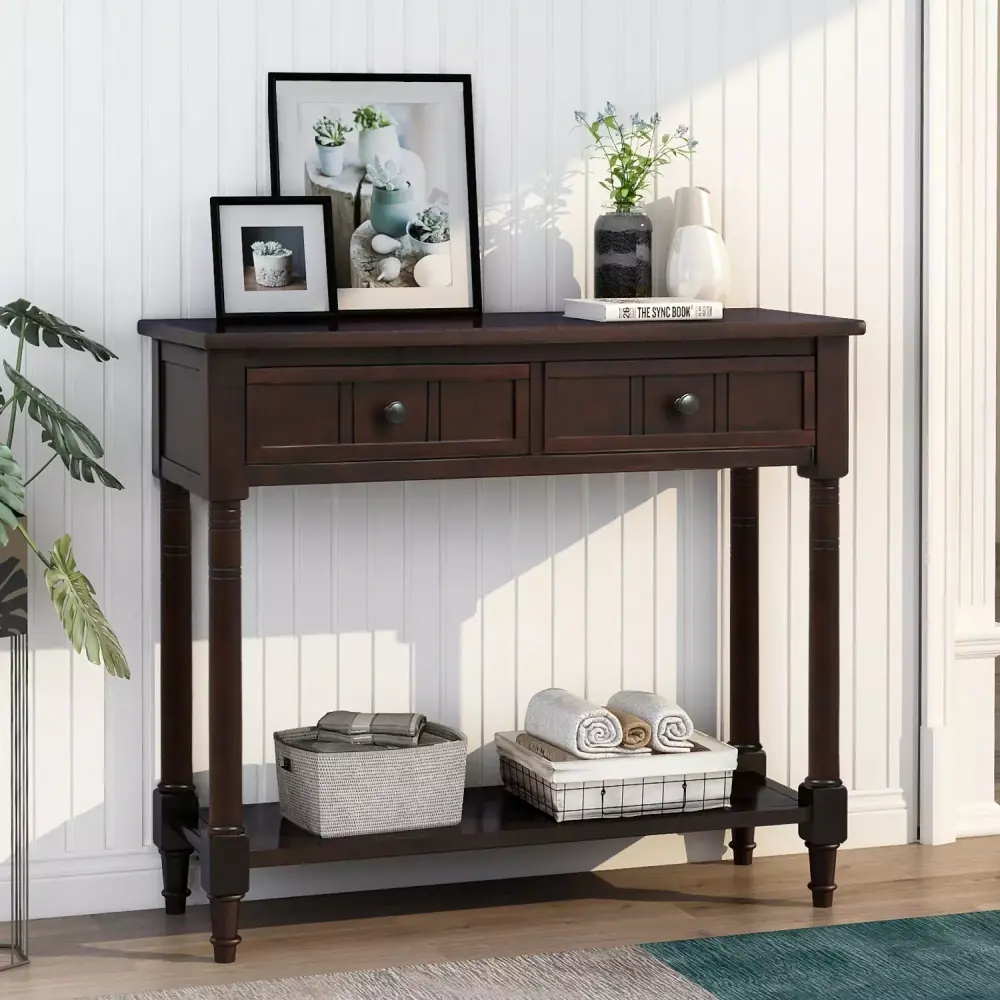 Daisy Series Console Table Traditional Design With Two Drawers And Bottom Shelf in Espresso