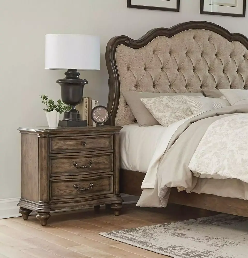 Traditional 5pc King Bedroom Set with Nightstand Chest Dresser Mirror in Vintage Brown Wood