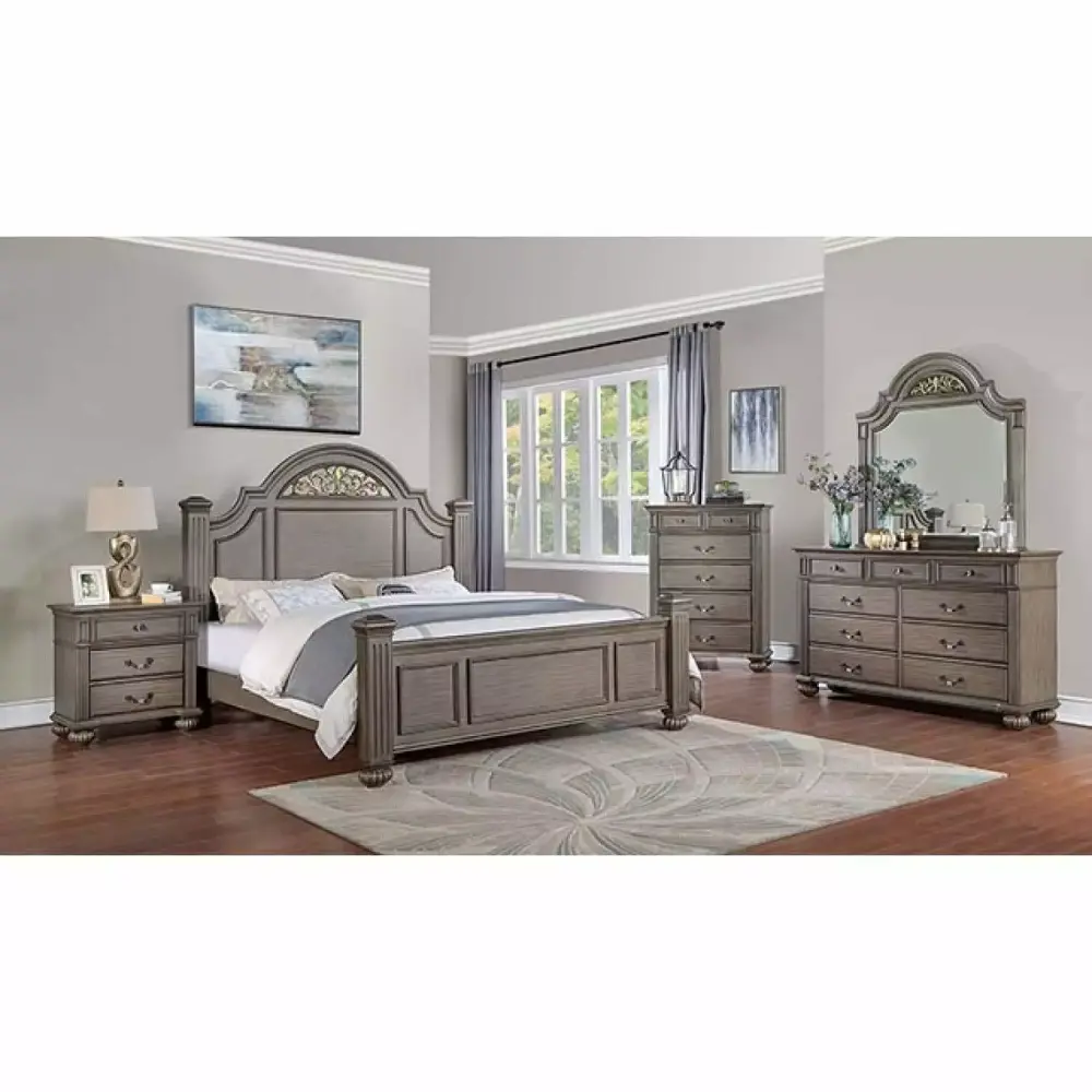 6-Piece Traditional Gray Solid Wood Queen Bedroom Furniture Set