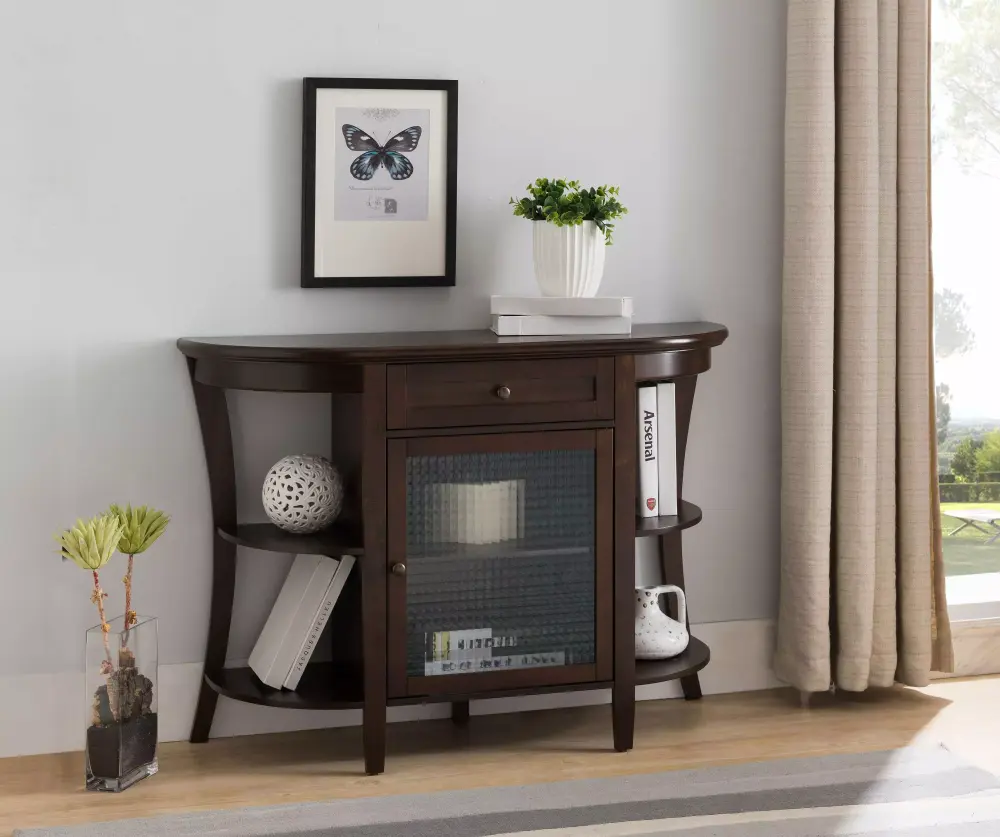 Kings Brand Furniture Walnut Buffet Console Table with Open and Closed Storage - Crescent Style