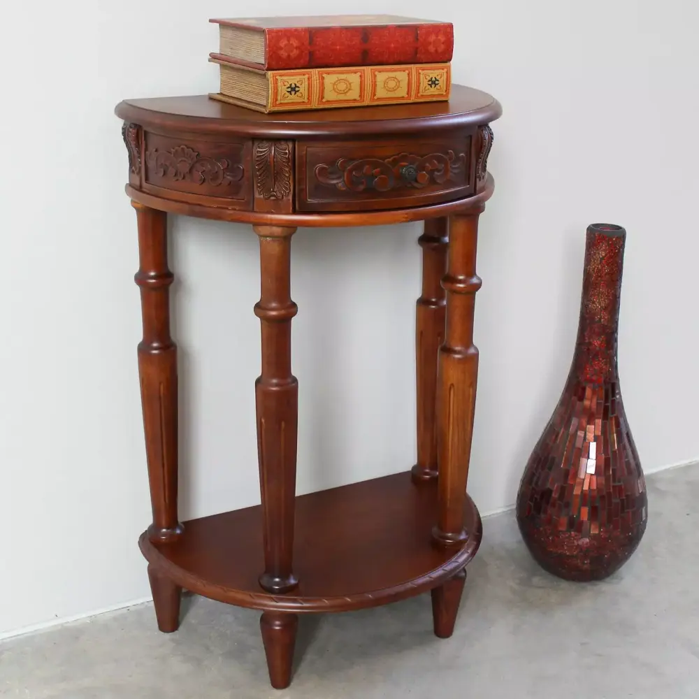 International Caravan Windsor Hand Carved Walnut Stain Console Table