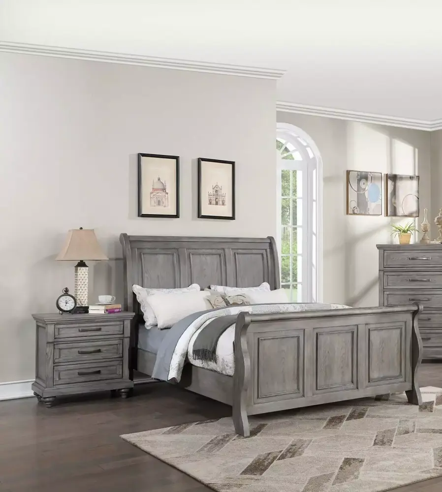 Grey Finish Wooden Eastern King Size Bed with Sleigh 3-Panel Design Headboard and Footboard - 3PC Set