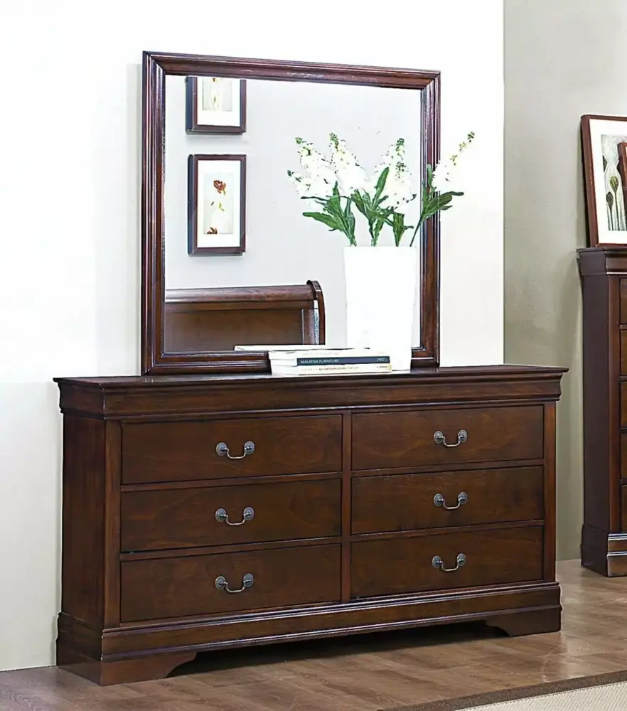 Brown Cherry Finish 5pc Louis Phillipe Full Bedroom Set Dresser Chest Mirror Nightstand