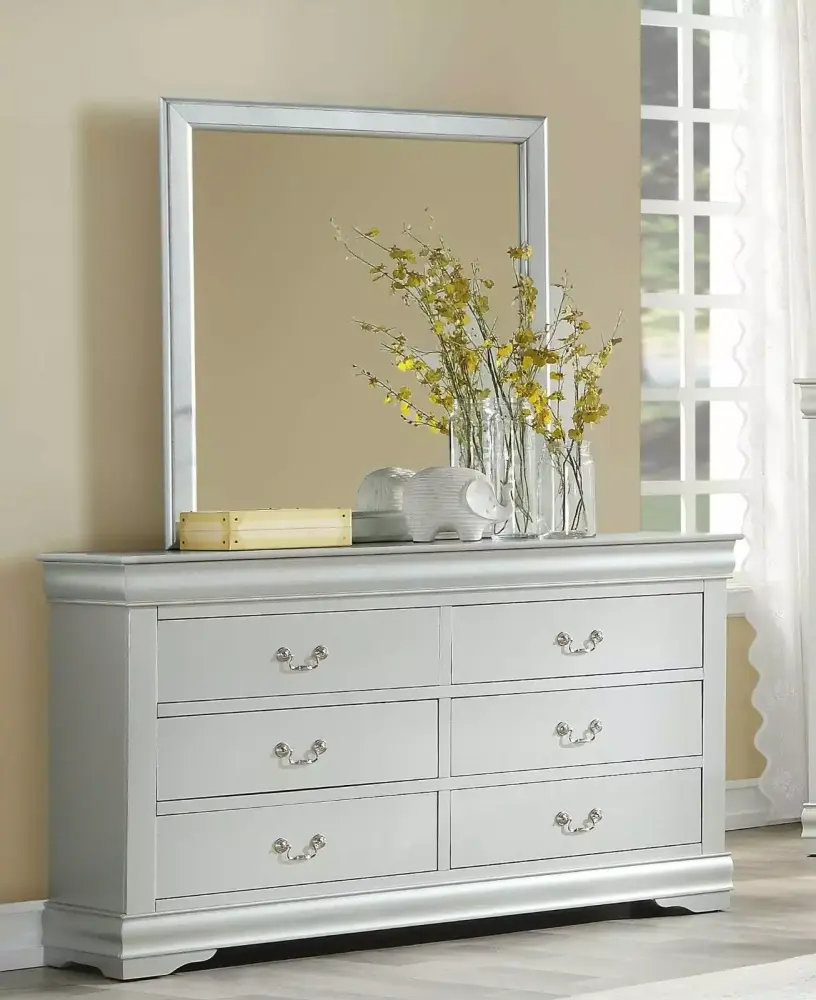 Louis Phillippe Style 5pc Full Bedroom Set with Dresser Chest Nightstand Mirror Platinum Finish