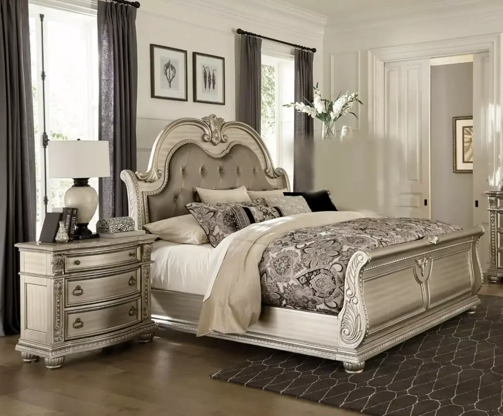 Formal Traditional Silver Finish Est King Size Bed Tufted HB and Marble Top Nightstands Opulent 3pc Set