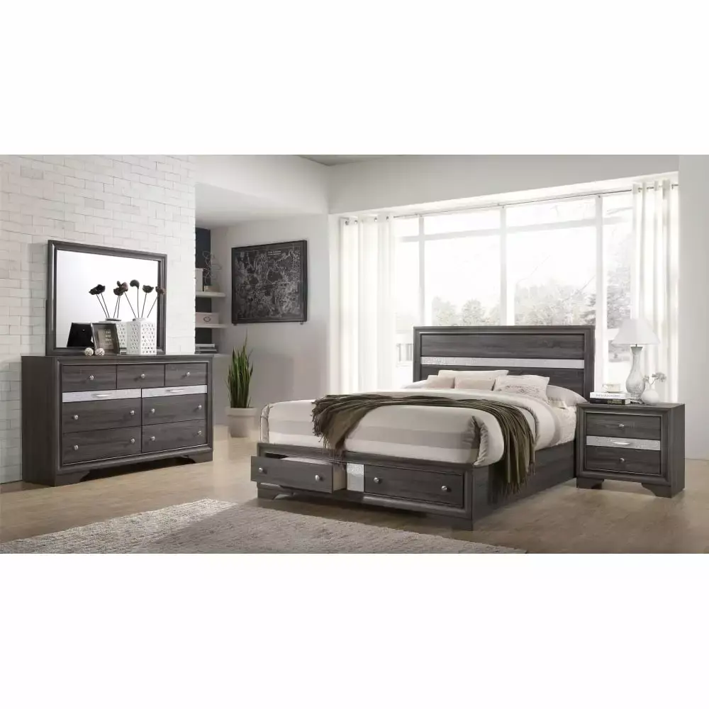 DeeHome Matrix Traditional Gray 4pc King Storage Bedroom Set Made with Wood
