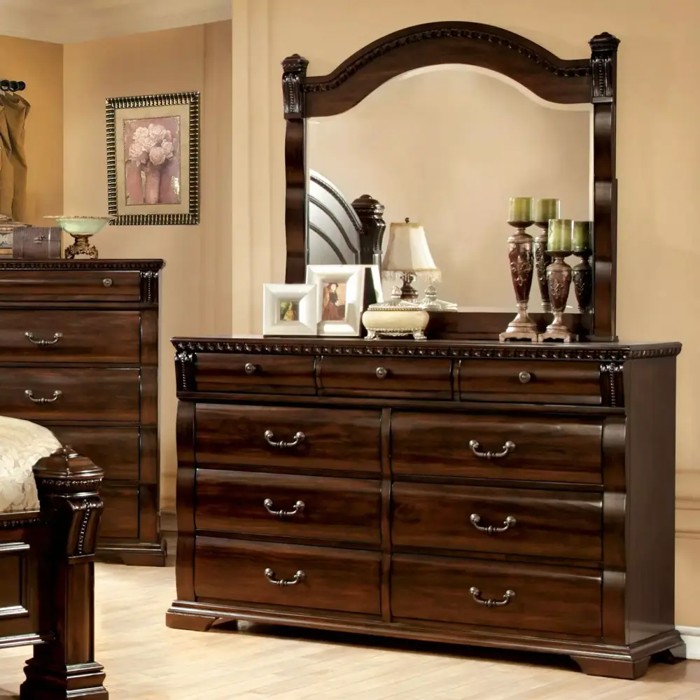 Traditional Look Queen Size Bed Dresser Mirror Nightstand 4pc Set Cherry Color Solid Wood Posts Bedframe Home