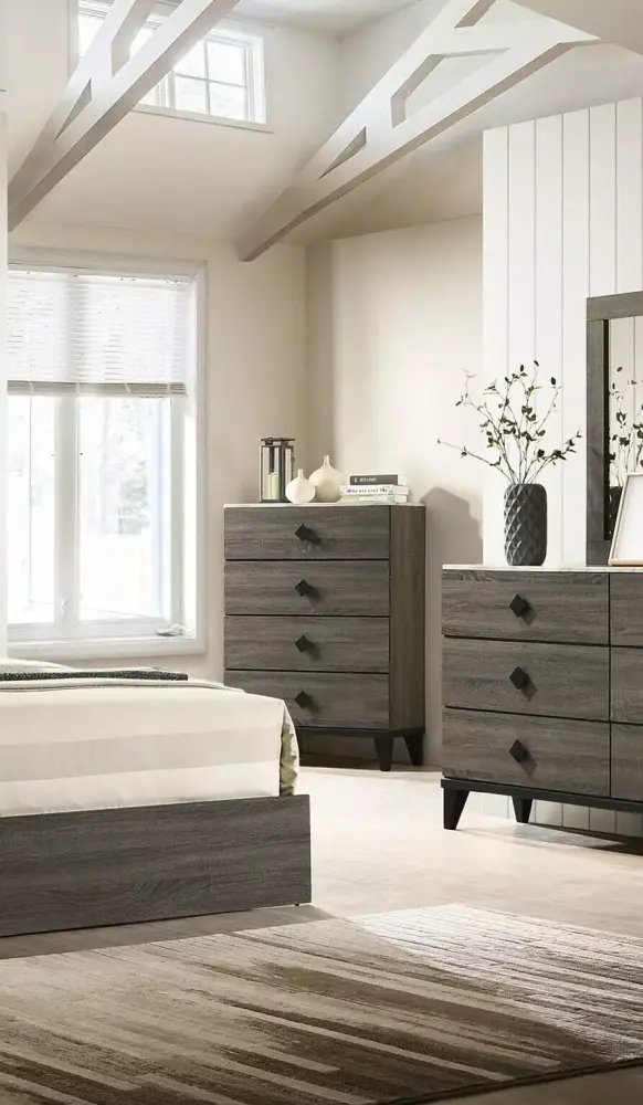 Timeless Transitional Gray 6pc Bedroom California King Size Bed Set Dresser Mirror Nightstands Chest