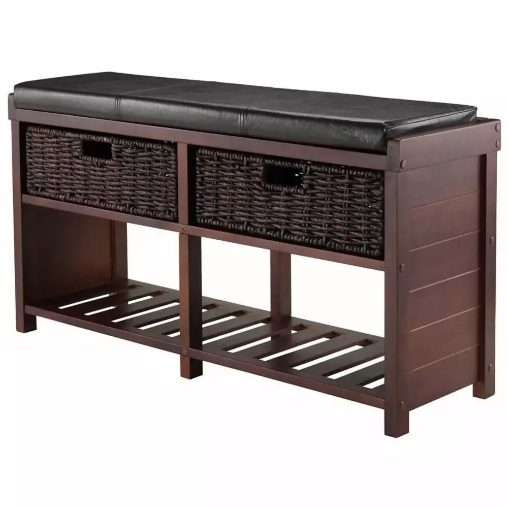 Kingfisher Lane Transitional Solid Wood Storage Bench with Baskets in Cappuccino