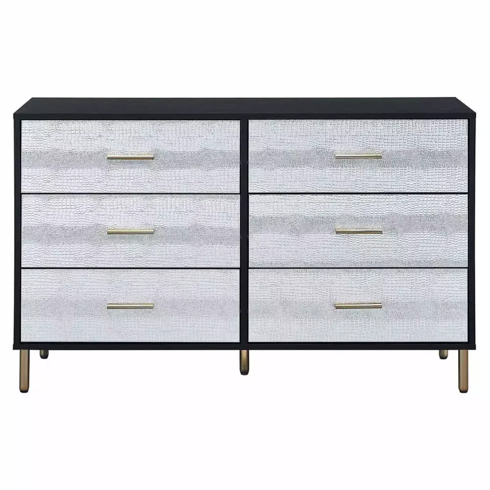 Bowery Hill Transitional 6-Drawer Wooden Dresser Black Silver Gold