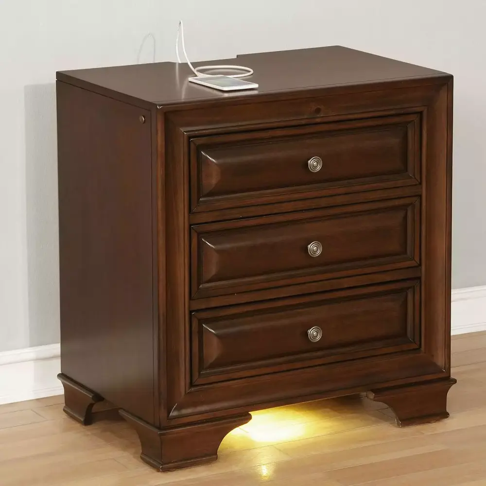 Transitional 4pc Brown Cherry Eastern King Bedroom Set with Dresser Mirror Nightstand Storage Bed