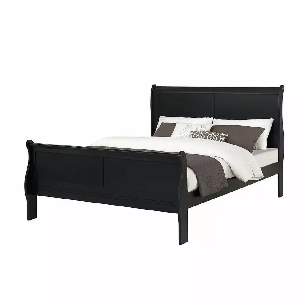 6-Piece Transitional Louis Philip Queen Panel Bed Set with Dresser Mirror Nightstand Chest in Black Finish