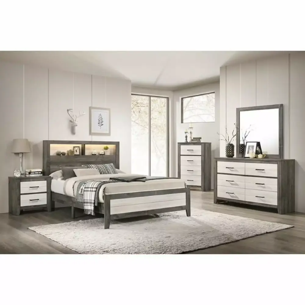 Transitional Style Two-Tone Grey White Finish 5-Piece Queen Size Bed Set with Dresser Mirror Nightstand Chest