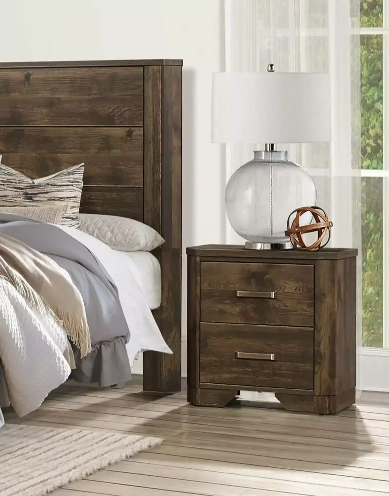 Rustic Brown Finish 5pc Bedroom Set Queen Bed Two Nightstands Dresser Mirror Clipped Corners Transitional Style Furniture