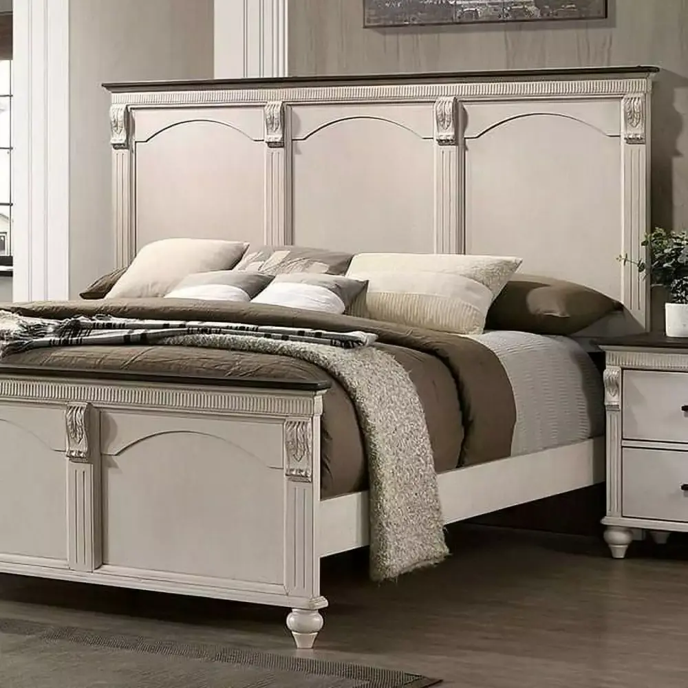 Transitional Antique White Solid Wood King Bedroom Set 3pcs FOA CM7182 Agathon - Classic Design