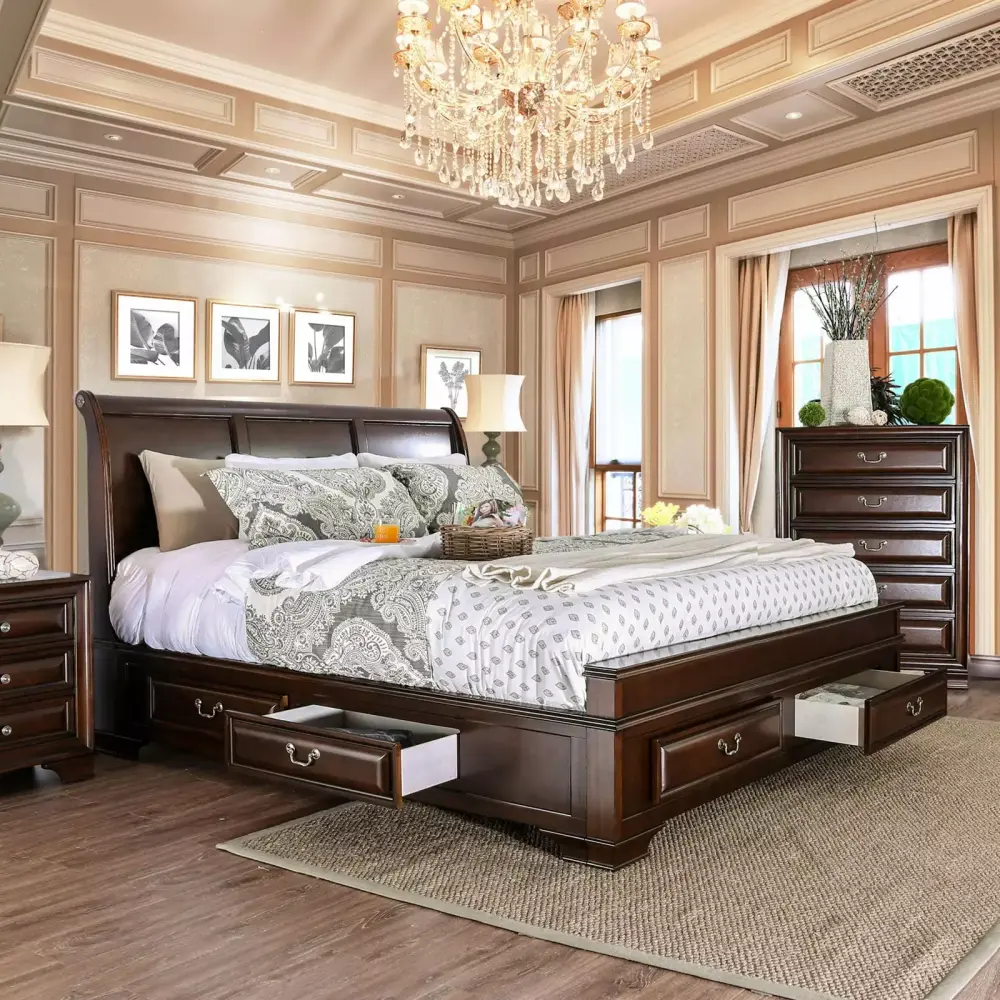 Elegance 3pc Transitional Brown Cherry Solid Wood California King Bedroom Set with USB Nightstands