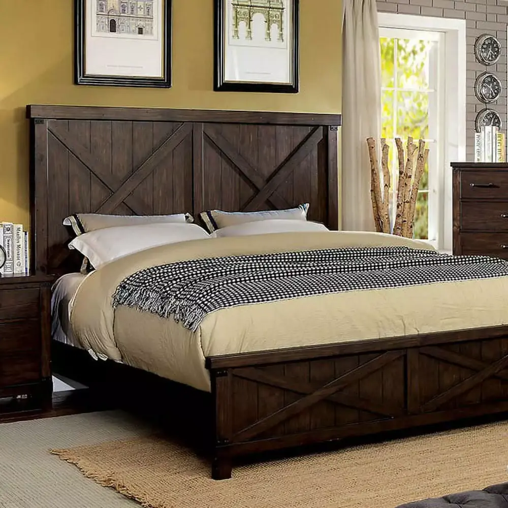 Transitional Bedroom Plank Style HB FB California King Bed Dresser Mirror Nightstand Dark Walnut Finish 4pc Set