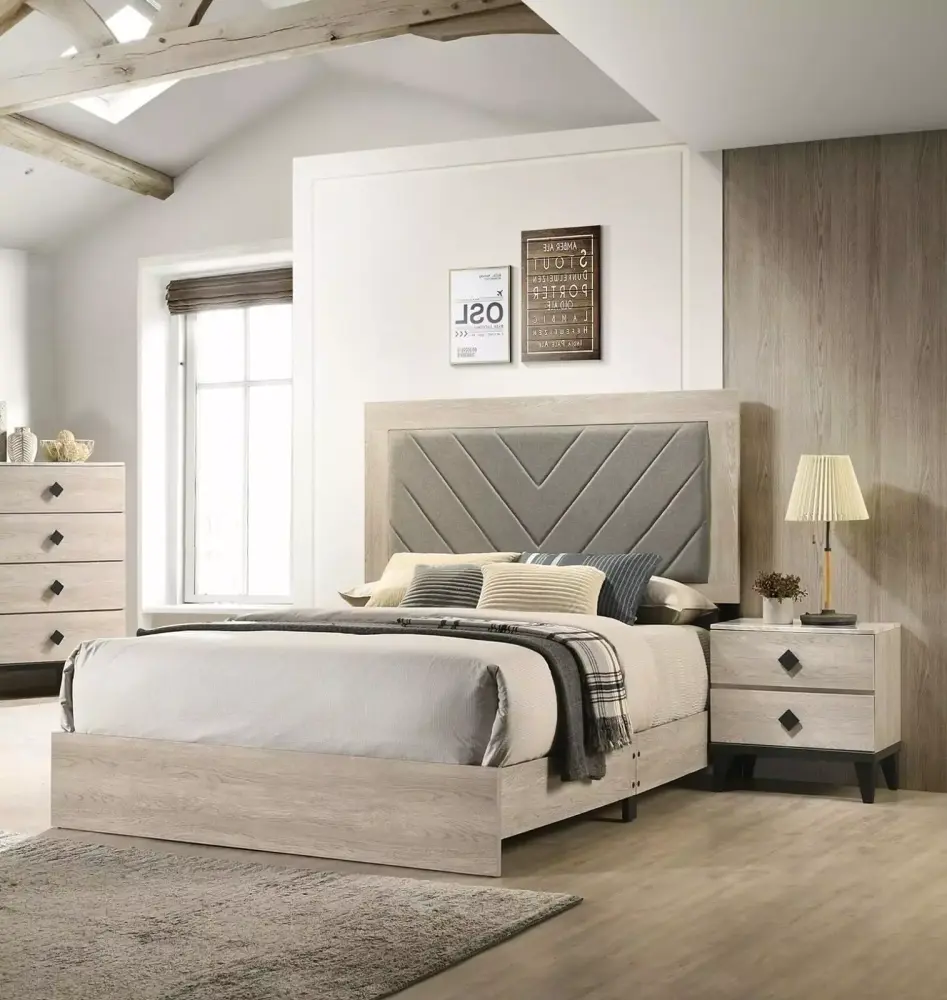 California King Size Bed 2x Nightstands Cream Finish Transitional Wooden Bedroom Tufted Headboard Bedframe 3pc Furniture Set