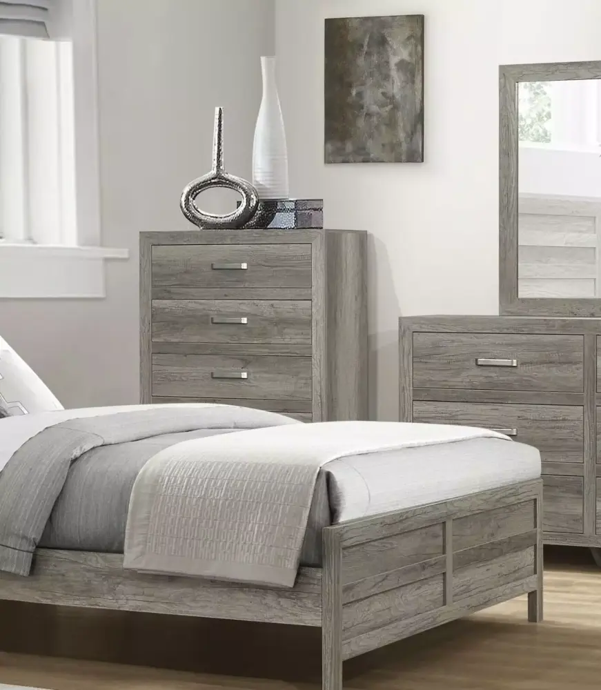 Gray Modern 5pc Eastern King Bedroom Set Panel Bed Nightstand Dresser Chest Mirror