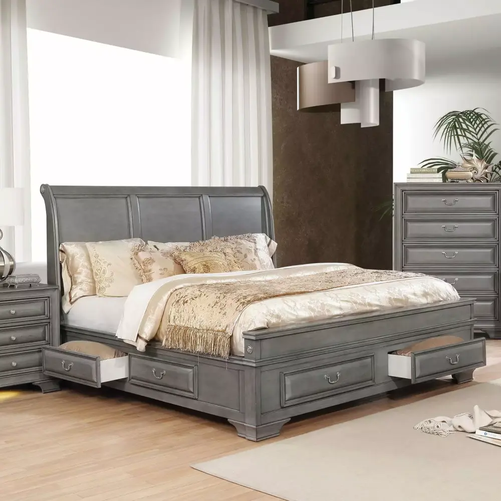 Elegance 3pc Gray Solid Wood Eastern King Bedroom Set with USB Nightstands Storage Drawers