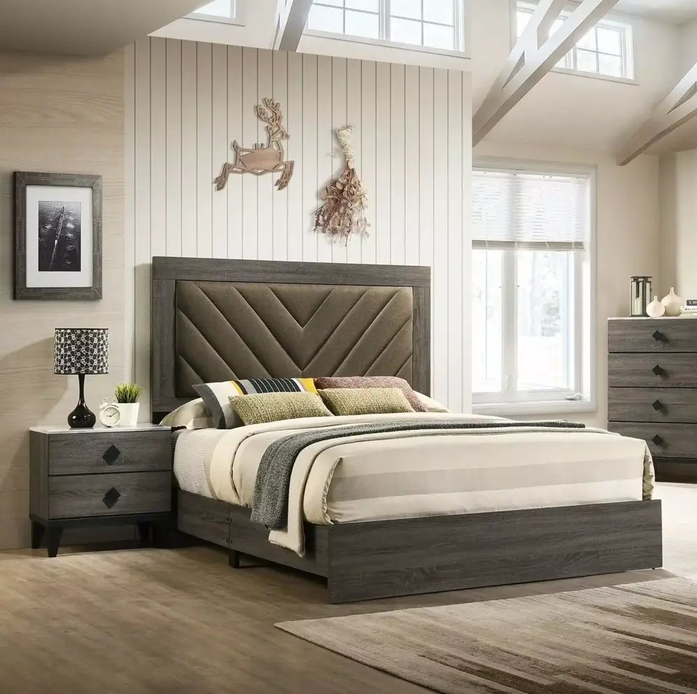 Eastern King Size Bed And 2x Nightstands Gray Finish Transitional Wooden Bedroom Tufted Headboard Bedframe 3pc Furniture Set