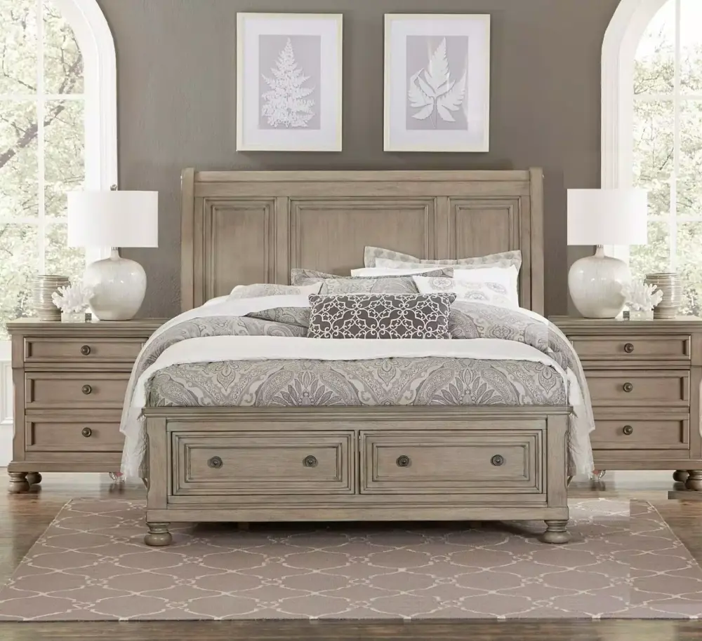 3pc Transitional Queen Bedroom Set with Footboard Storage and 2 Nightstands Hidden Drawer