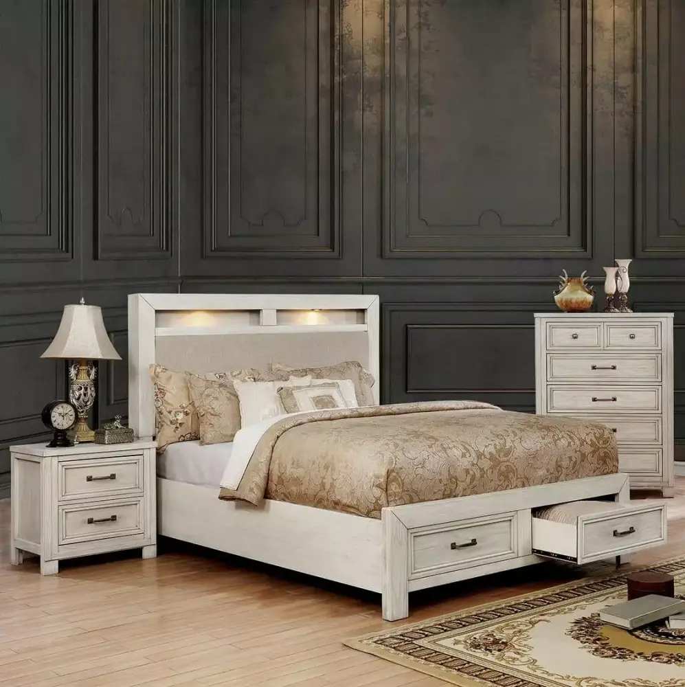 Transitional Antique White Solid Wood Queen Bedroom Set 3pcs FOA CM7365WH Tywyn