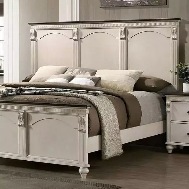 Transitional Antique White Solid Wood CAL Bedroom Set 5pcs FOA CM7182 Agathon Queen Size Bed with Nightstands Dresser Mirror