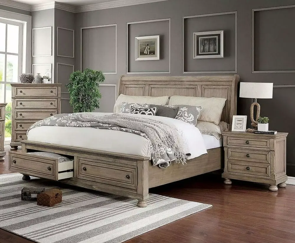 Gray Finish 3-Piece Queen Size Bedroom Set with Sleigh Back Design Headboard and Footboard Drawers