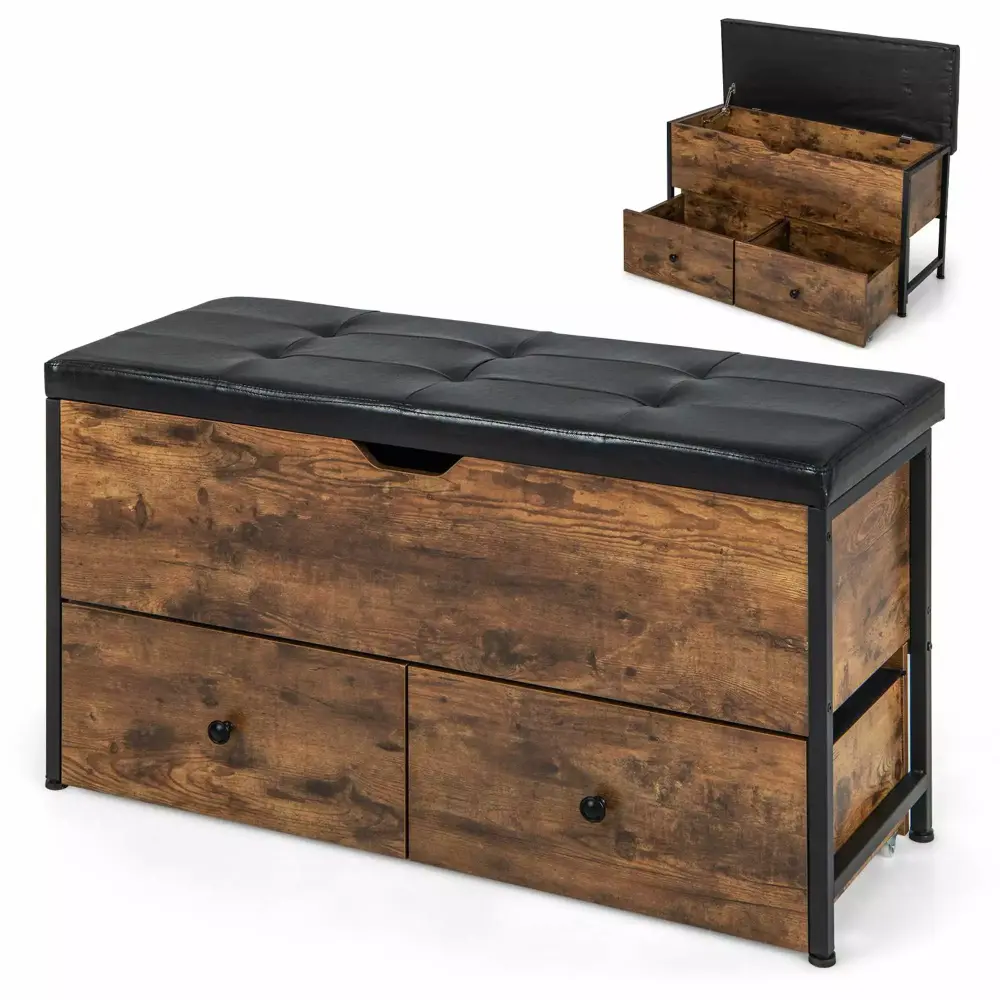 Costway Storage Ottoman Bench Flip Top Wooden Storage Chest with Cushion and 2 Drawers