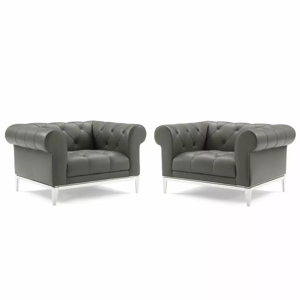 Tufted Armchair Accent Chair Set of 2 in Grey Leather - Modern Living Room Seating