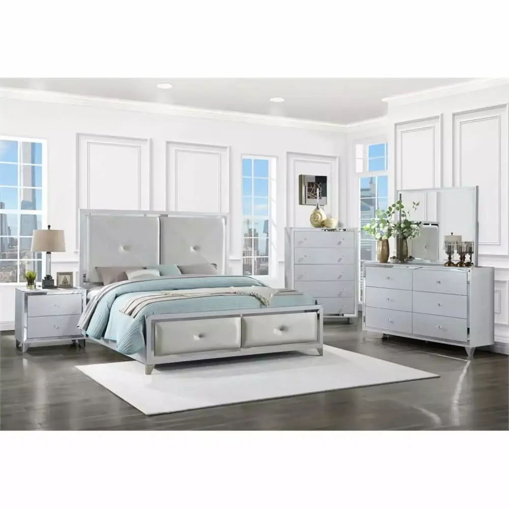 Maklaine 5-piece Modern Wood Tufted Eastern King Bedroom Set in Silver