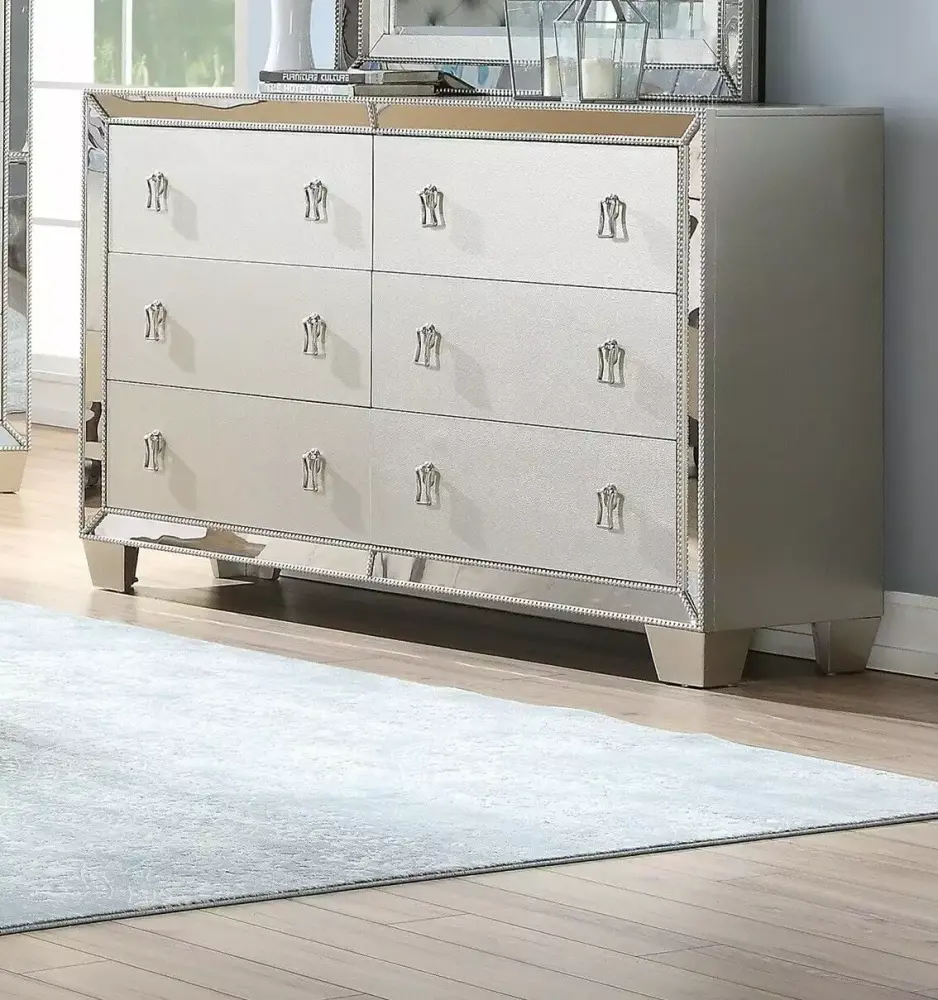 Esofastore Contemporary Bedroom Furniture Queen Size Bed 2x Nightstand Mirror Dresser Chest 6pcs Set Tufted HB FB Silver