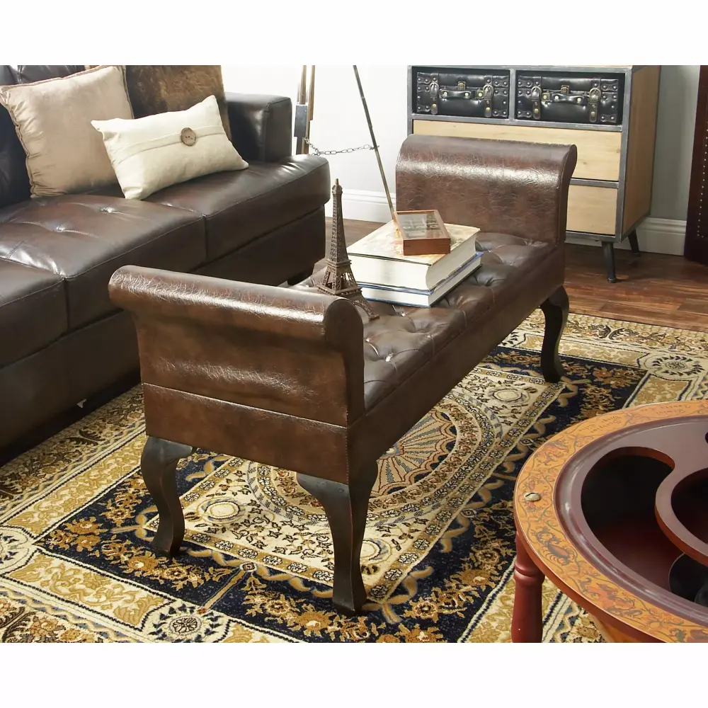 DecMode Wood Tufted Bench with Wood Legs Brown for Living Room Bedroom