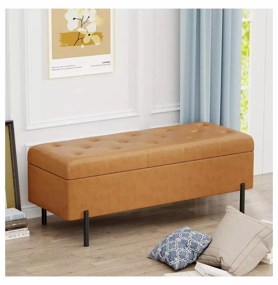 Drevy Faux Leather Storage Bench Tufted Upholstered Ottoman Bench with Storage Brown